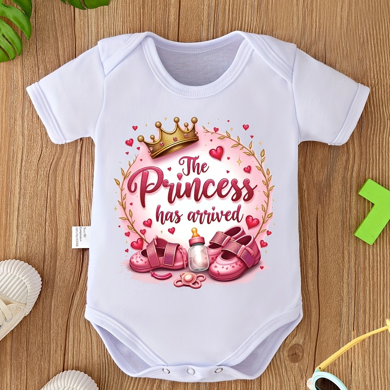 Pink Baby Bodysuit - Soft Polyester Crown & Heart Print Ideal