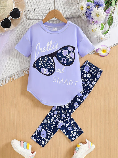 2 pcs Girls Party Outfit - Graphic Tee & Floral Leggings