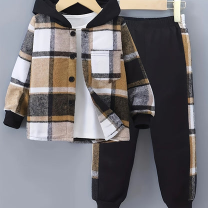 2 pcs Plaid Series Suit, Hooded Coat and Patchwork Pants Set