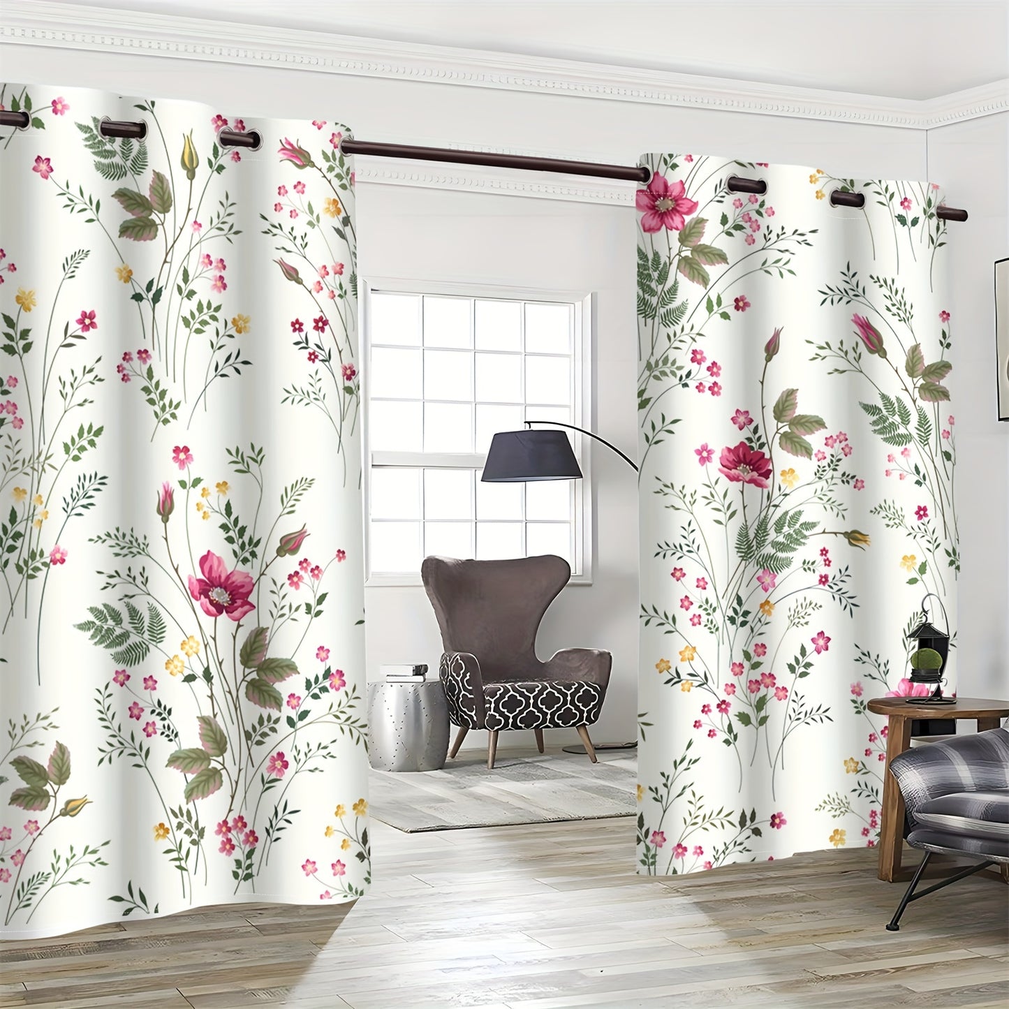 2pcs Spring Floral Green Plant Flower Digital Printing Living Room Curtains 100% Polyester