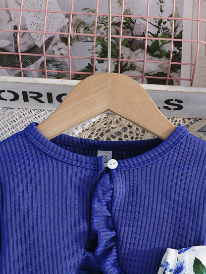 Girl Flower Print Vest Dress and Solid Jacket