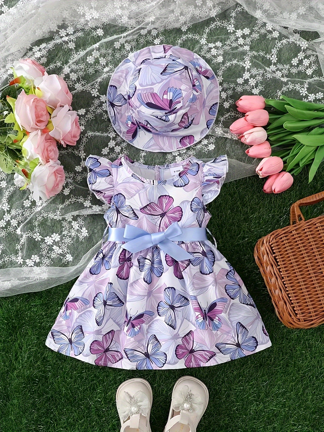 Girls Butterfly Print Dress and Hat Set - Adorable Holiday Outfit