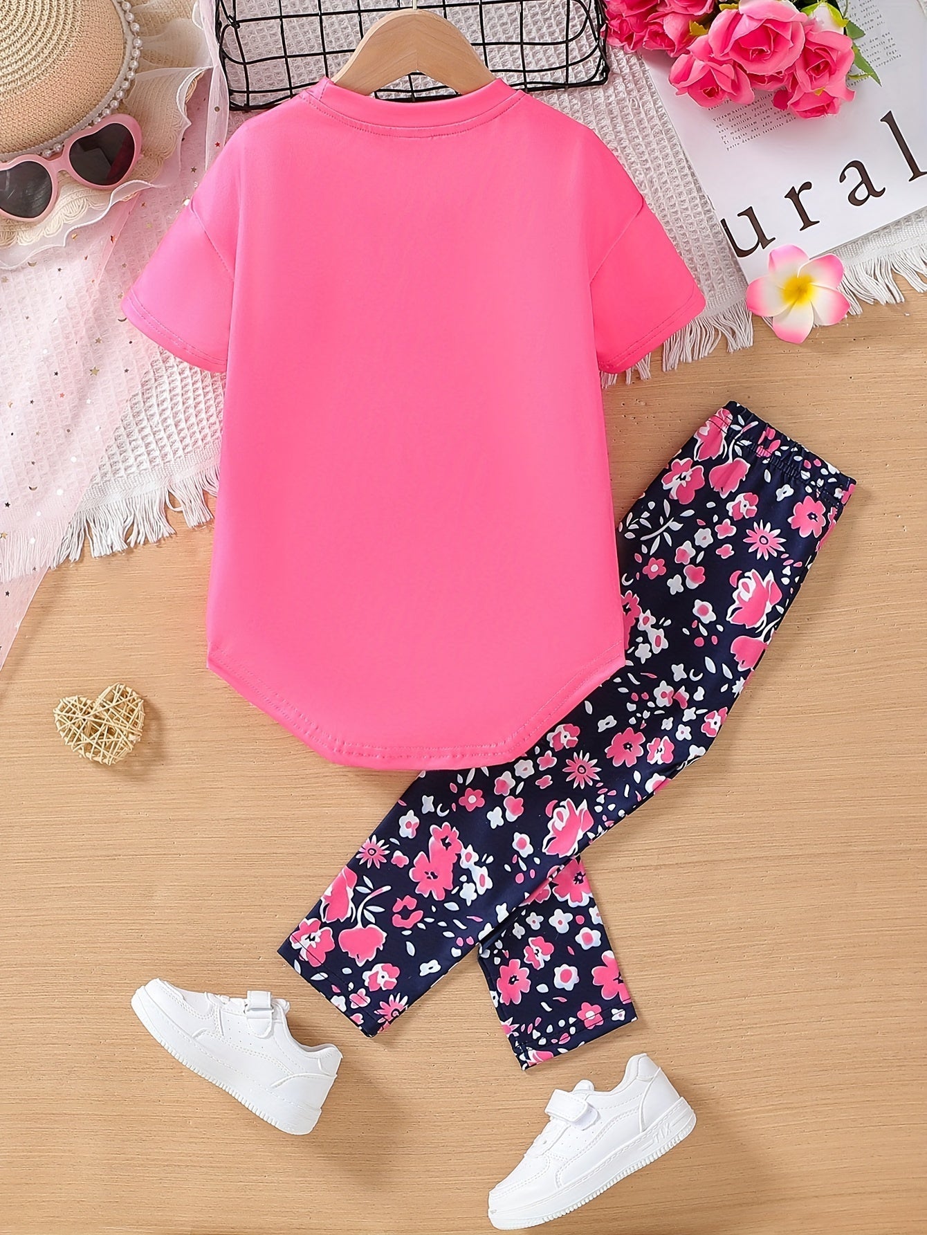2 pcs Girls Party Outfit - Graphic Tee & Floral Leggings
