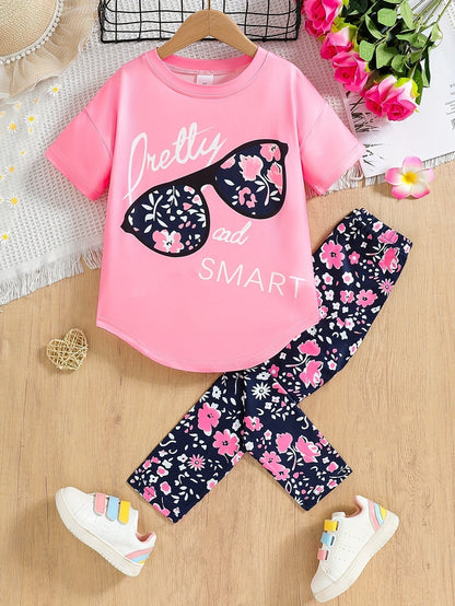 2 pcs Girls Party Outfit - Graphic Tee & Floral Leggings