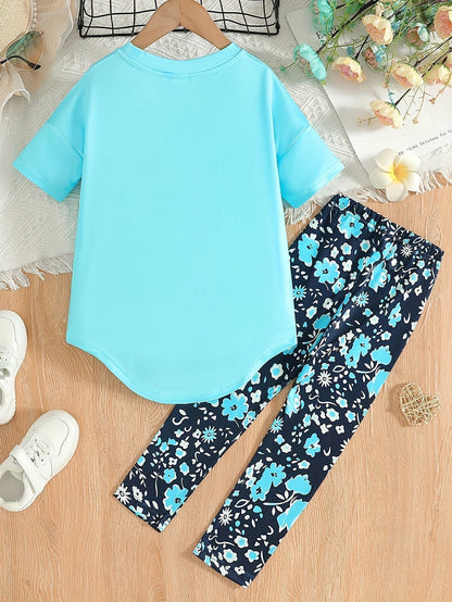 2 pcs Girls Party Outfit - Graphic Tee & Floral Leggings