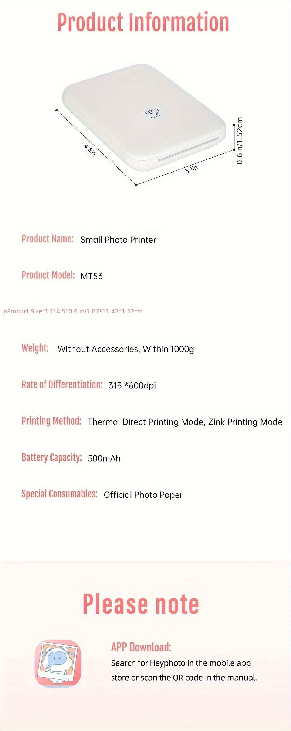 Wireless Portable Photo Printer - Mini Color, IOS/Android