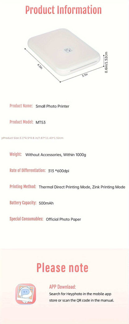 Wireless Portable Photo Printer - Mini Color, IOS/Android