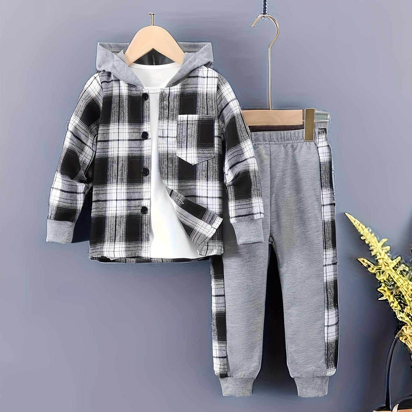 2 pcs Plaid Series Suit, Hooded Coat and Patchwork Pants Set