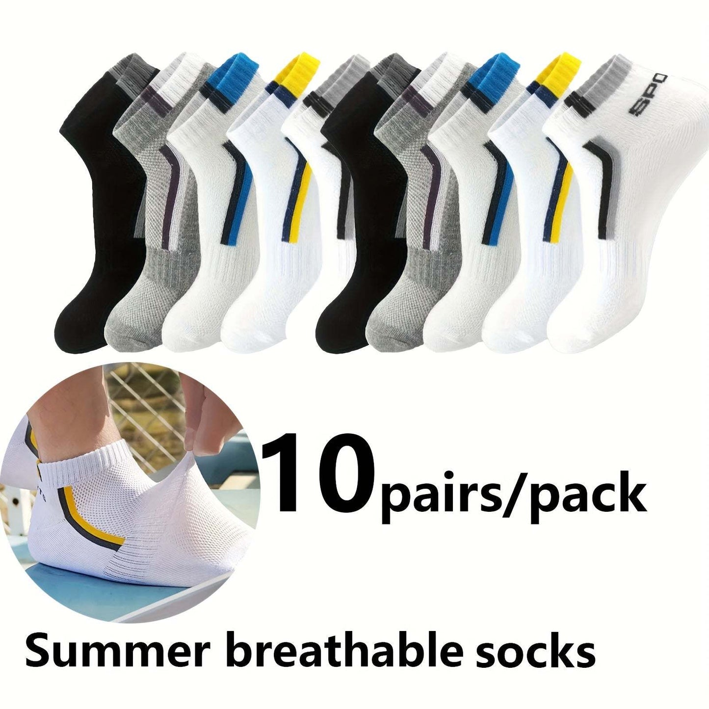 Men Short Socks - 10/20/30 Pairs, Thin, Breathable, 100% Polyester