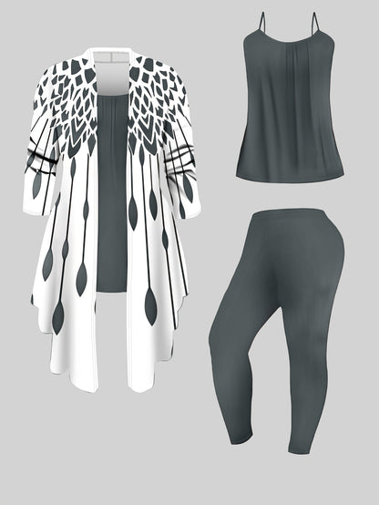 Plus Size Leopard Cardigan, Tank Top & Pants Set - Stretchy & Stylish