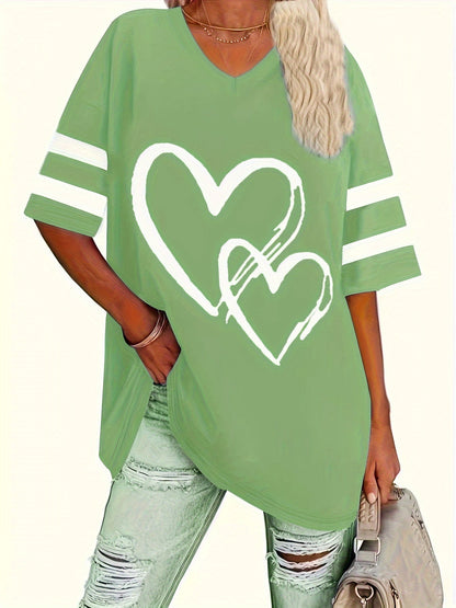 Plus-size heart-print V-neck tee in green, featuring casual style and short sleeves.