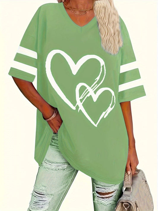 Plus-size heart-print V-neck tee in green, featuring casual style and short sleeves.