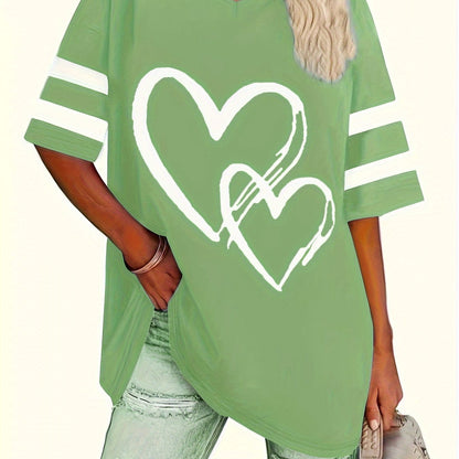 Plus-size heart-print V-neck tee in green with positioning print, casual style.