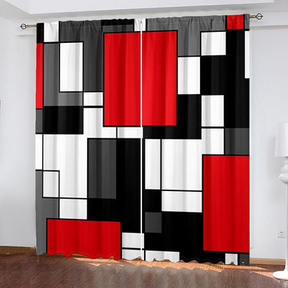 2pcs Modern plaid curtains in red and grey