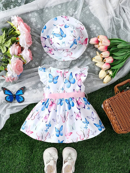 Girls Butterfly Print Dress and Hat Set - Adorable Holiday Outfit