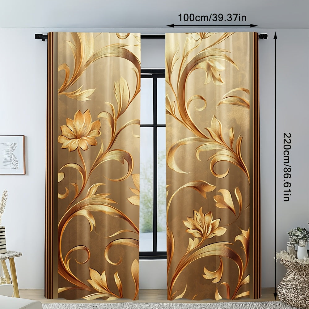 2pcs Elegant Golden Leaf Printed Curtains - Contemporary Floral Design, 100% Polyester