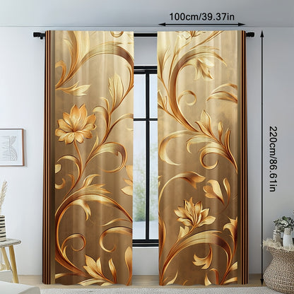 2pcs Elegant Golden Leaf Printed Curtains - Contemporary Floral Design, 100% Polyester