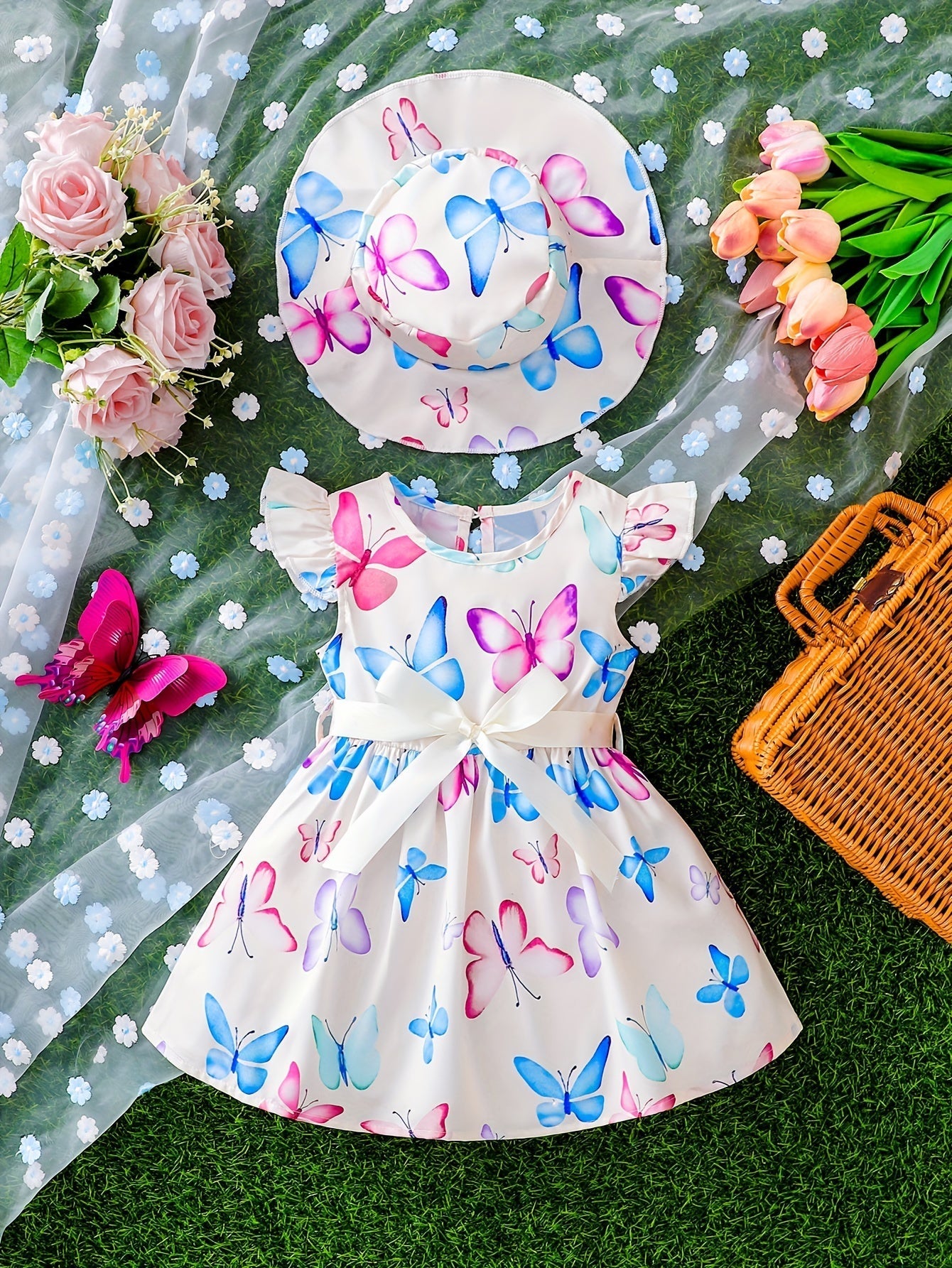 Girls Butterfly Print Dress and Hat Set - Adorable Holiday Outfit