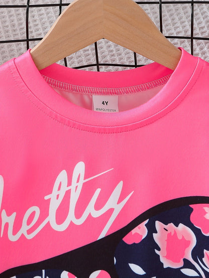 2 pcs Girls Party Outfit - Graphic Tee & Floral Leggings