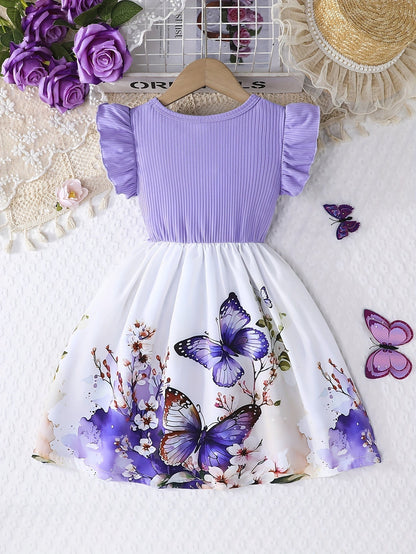 Elegant Rose Print Ruffle Dress for Girls, Bow Waist and Outdoor