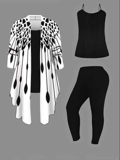 Plus Size Leopard Cardigan, Tank Top & Pants Set - Stretchy & Stylish