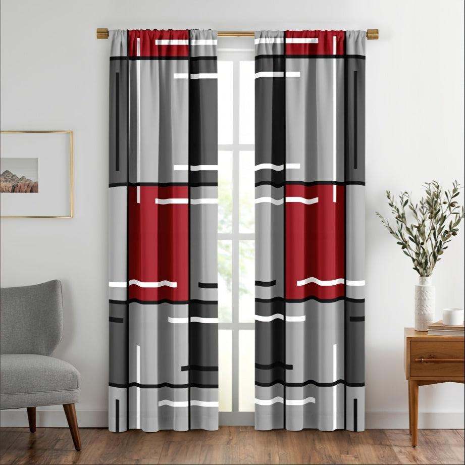 2pcs Modern plaid curtains in red and grey