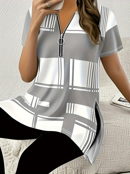 New Summer Elegant Women T-shirt with Black Plaid Print