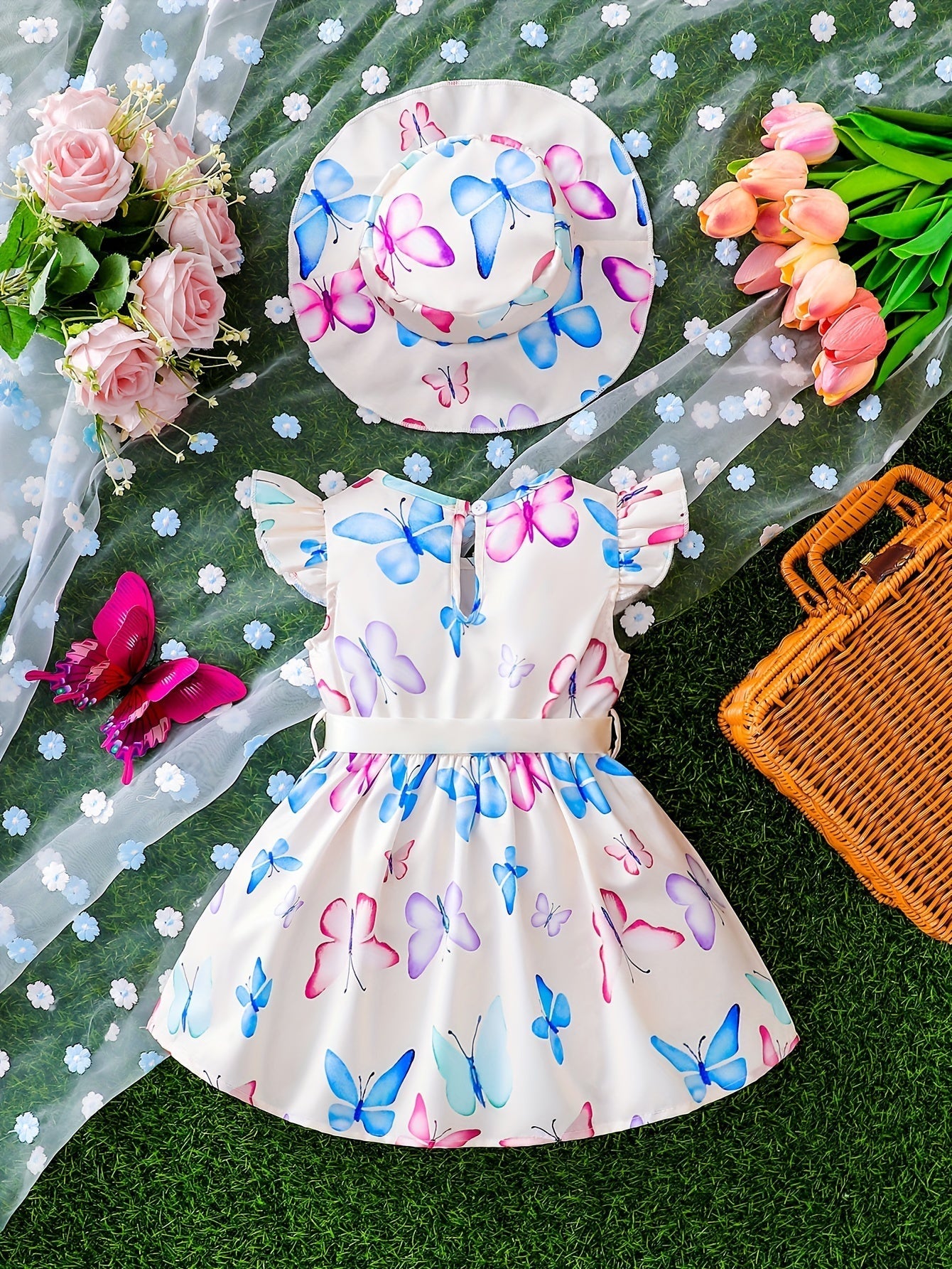 Girls Butterfly Print Dress and Hat Set - Adorable Holiday Outfit