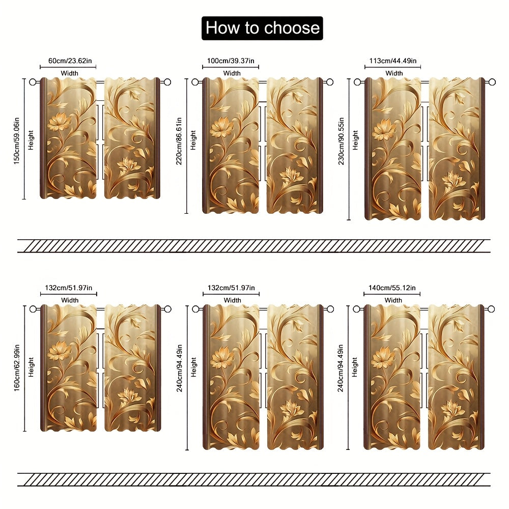 2pcs Elegant Golden Leaf Printed Curtains - Contemporary Floral Design, 100% Polyester
