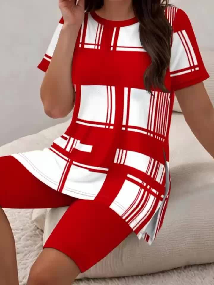 Women Plus Size Plaid Short Sleeve Set - Casual Style