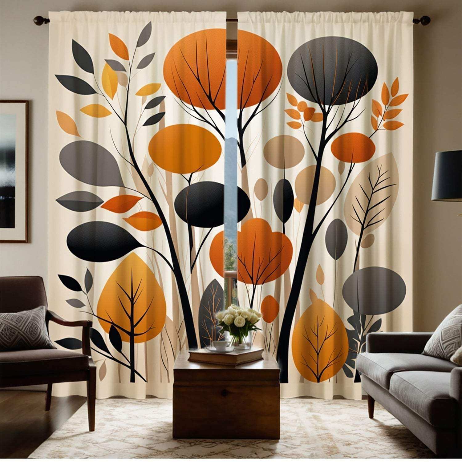 Abstract Orange Gray Leaf Curtains