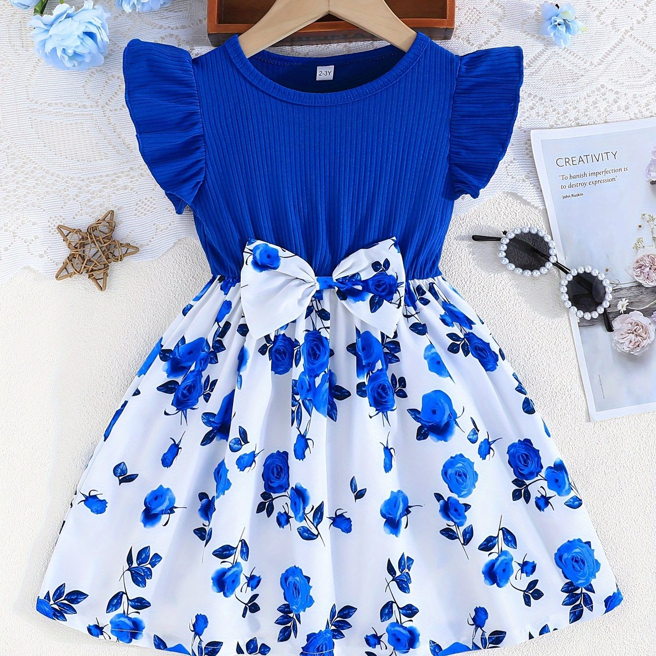 Elegant Rose Print Ruffle Dress for Girls, Bow Waist and Outdoor