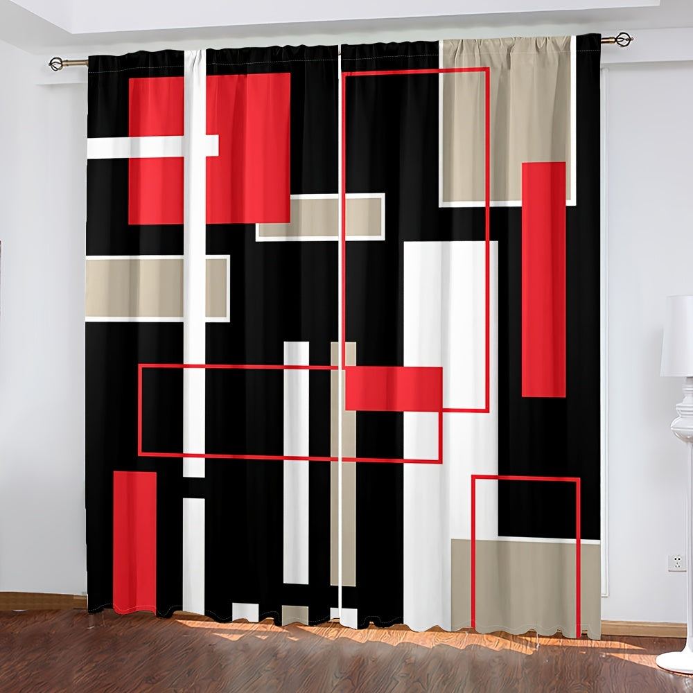 2pcs Modern plaid curtains in red and grey