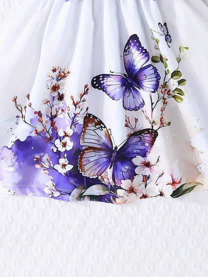 Elegant Rose Print Ruffle Dress for Girls, Bow Waist and Outdoor