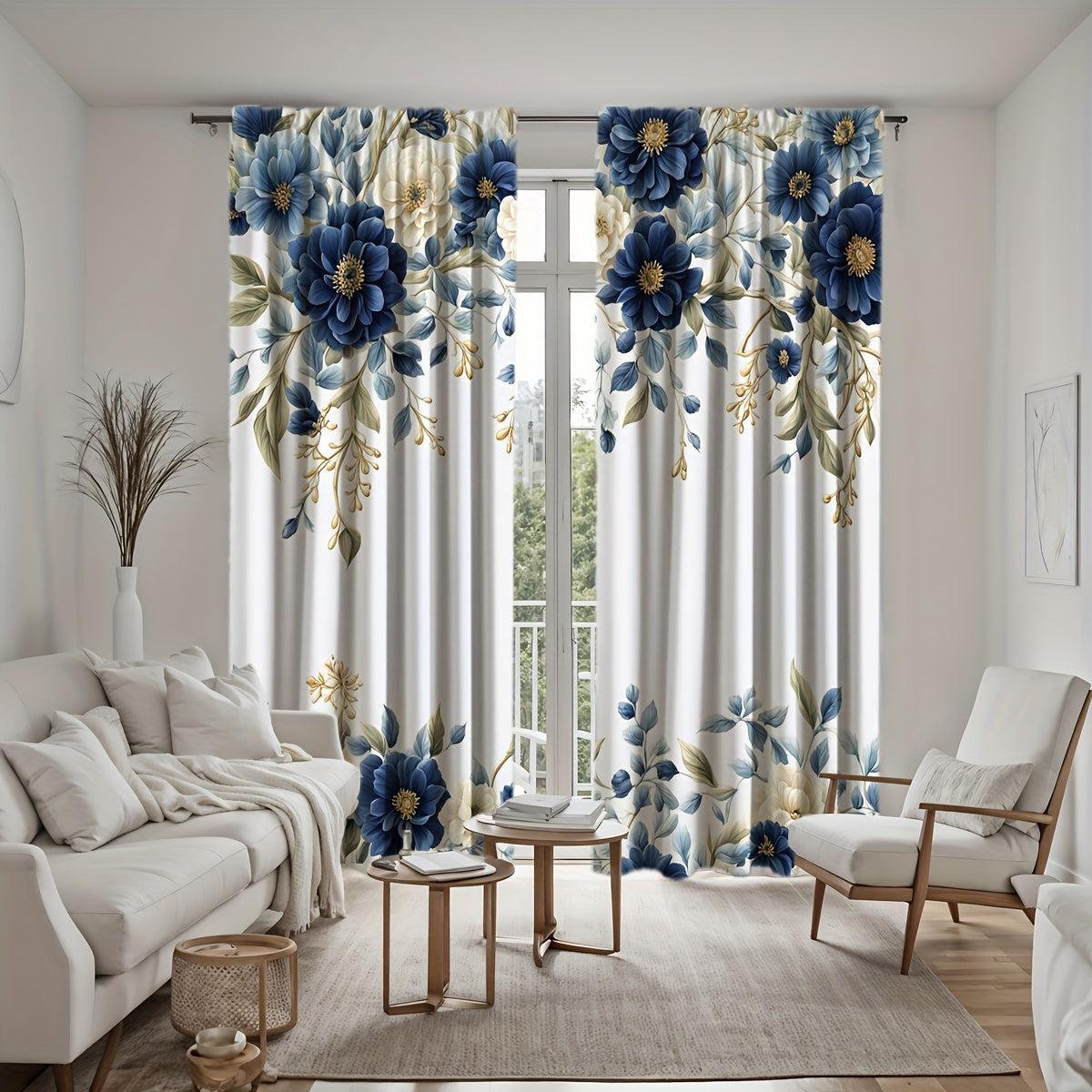 White Curtains with Blue Flowers
