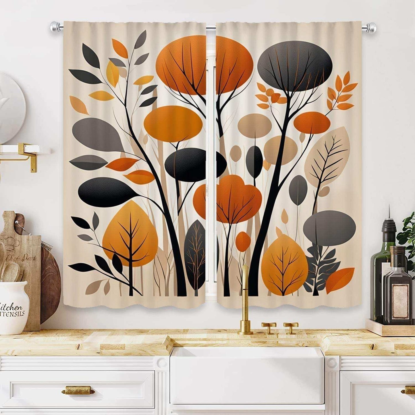 Abstract Orange Gray Leaf Curtains