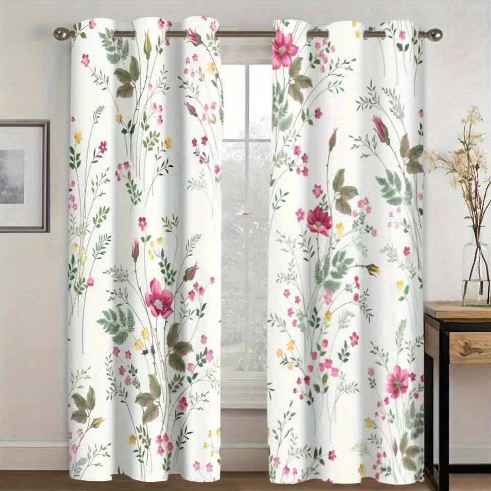 2pcs Spring Floral Green Plant Flower Digital Printing Living Room Curtains 100% Polyester