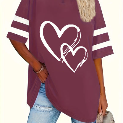 Plus-size heart-print V-neck tee with slight stretch fabric and casual style.