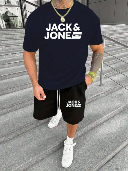 Mens Jack Jones summer set with stylish tee and shorts, casual and versatile for warm weather.