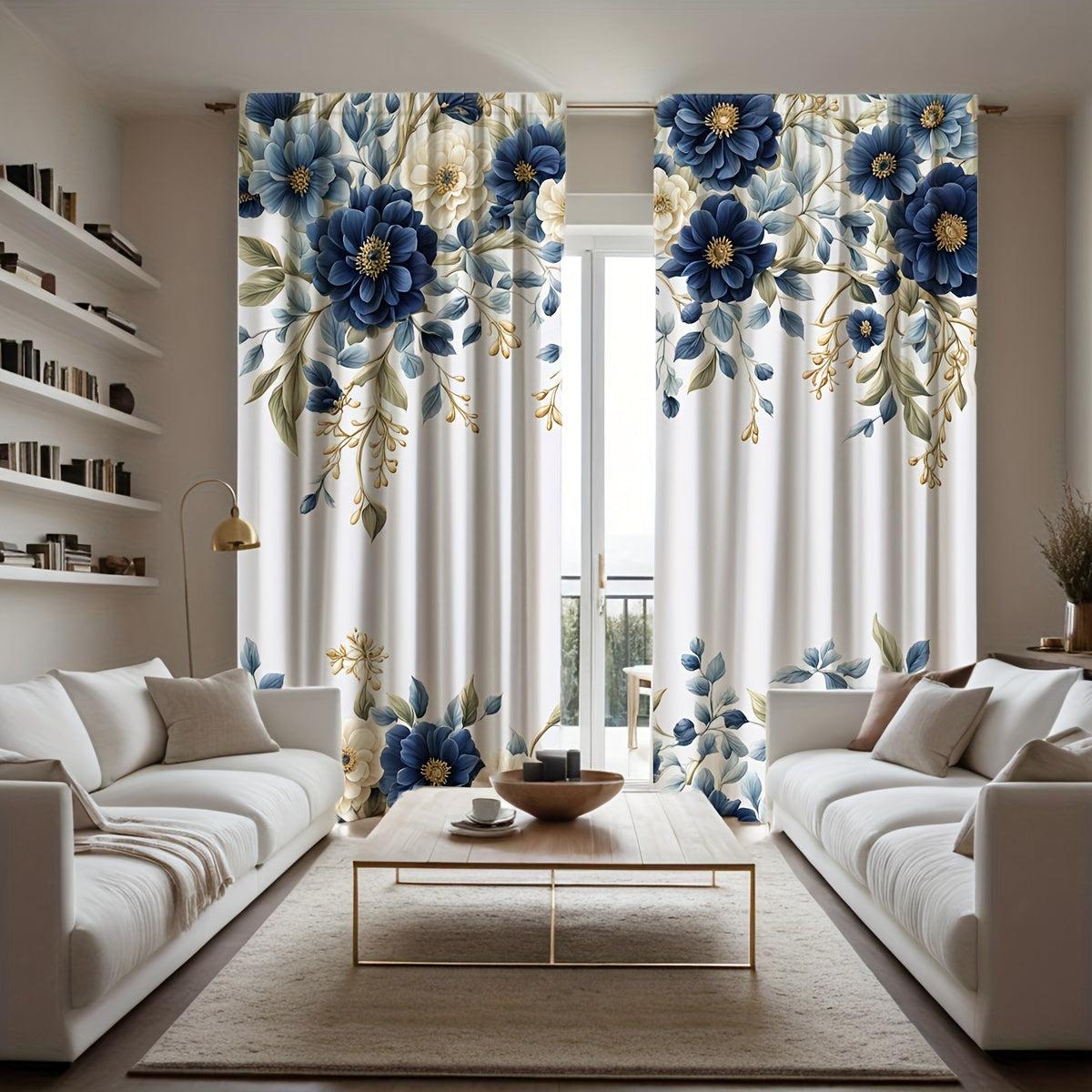 White Curtains with Blue Flowers