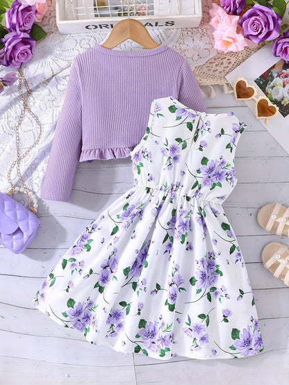 Girl Flower Print Vest Dress and Solid Jacket