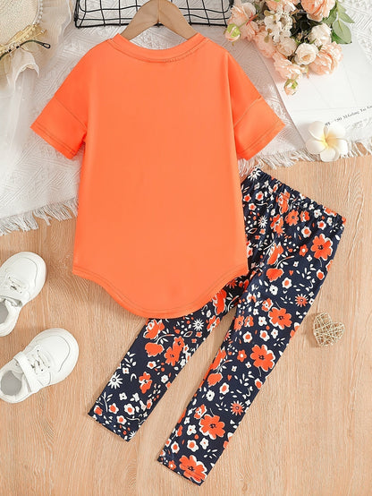 2 pcs Girls Party Outfit - Graphic Tee & Floral Leggings