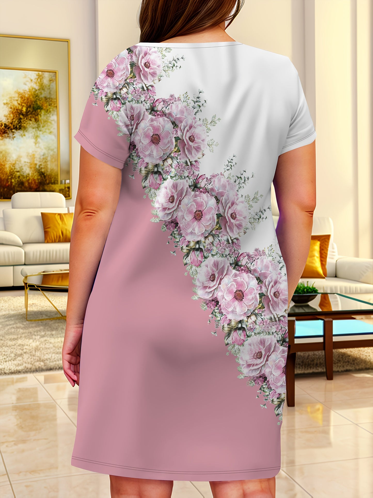 Chic Women Casual V-Neck Dress with 3D Rose Print