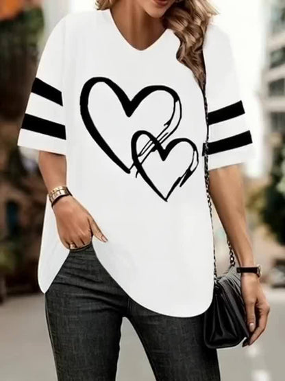 Plus-size heart-print V-neck tee with black stripes and hearts, casual style.