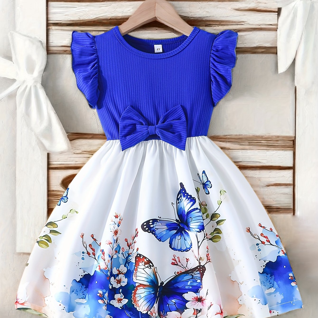 Elegant Rose Print Ruffle Dress for Girls, Bow Waist and Outdoor