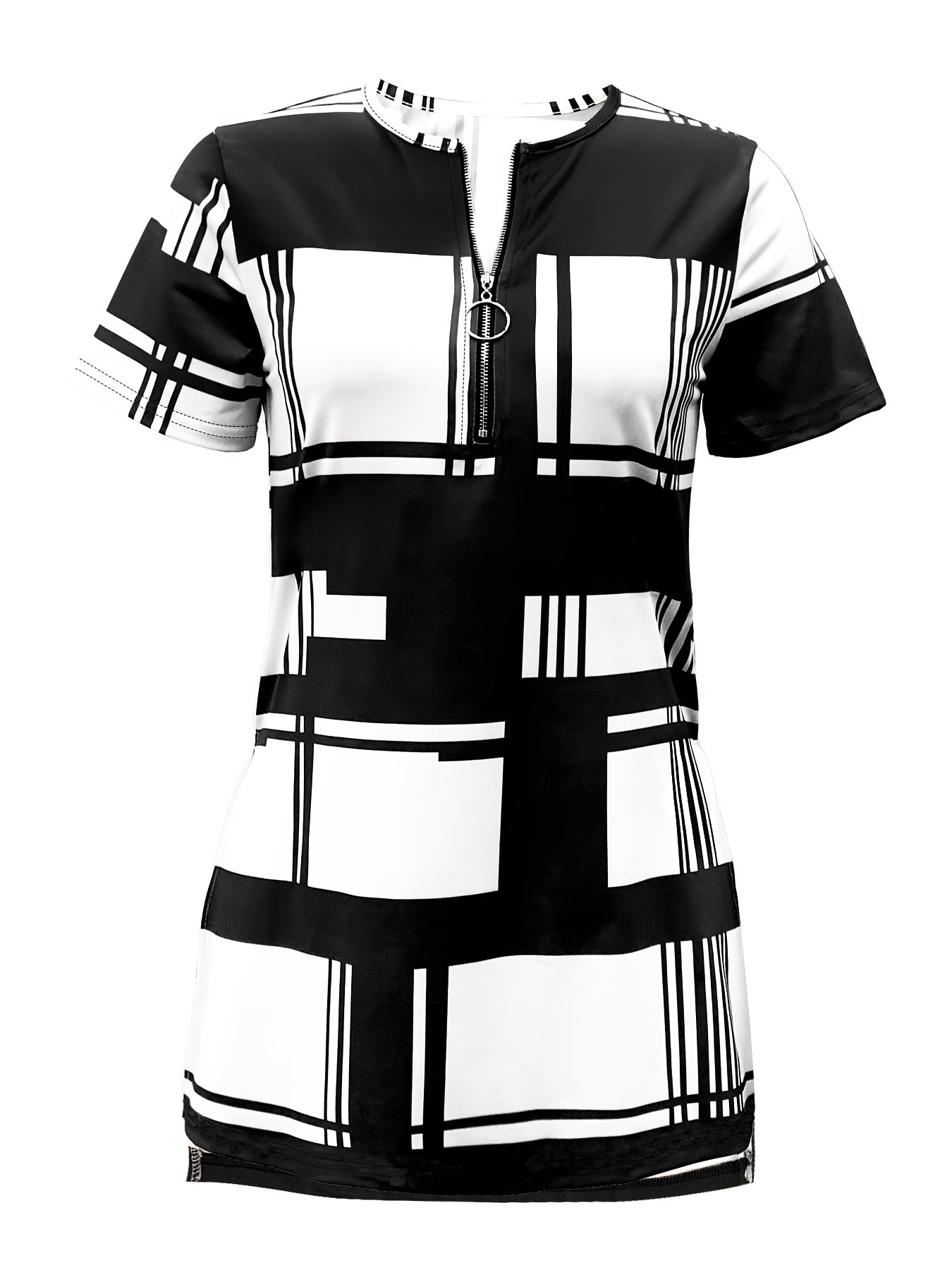 New Summer Elegant Women T-shirt with Black Plaid Print