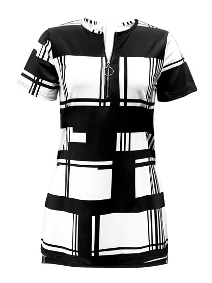 New Summer Elegant Women T-shirt with Black Plaid Print