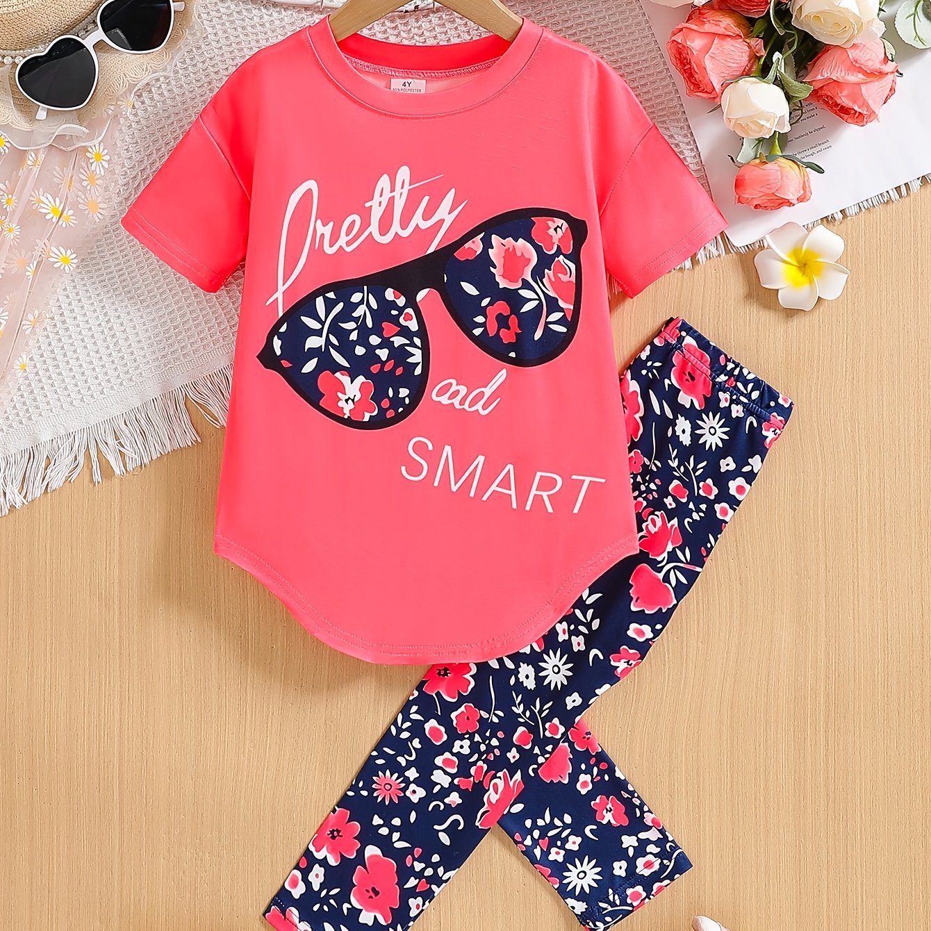 2 pcs Girls Party Outfit - Graphic Tee & Floral Leggings