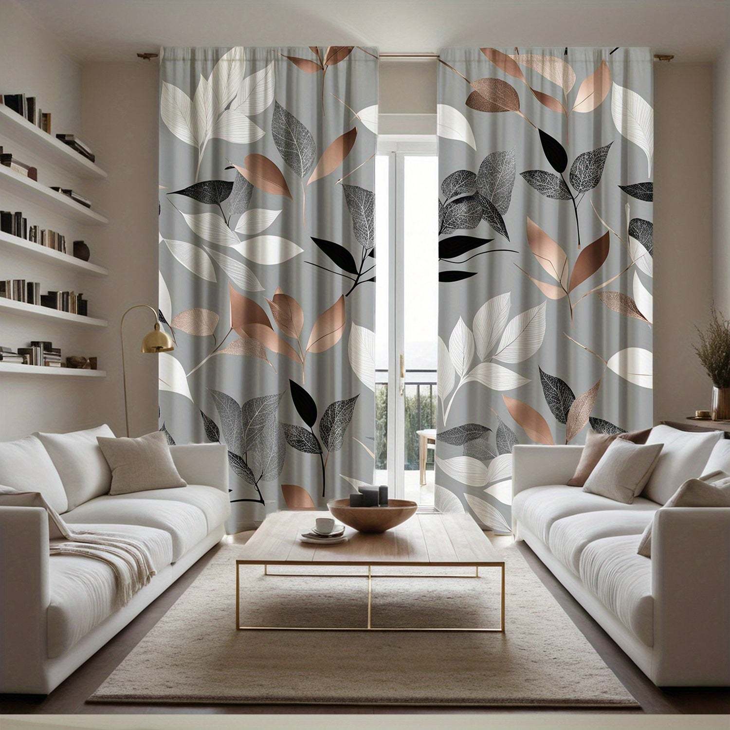 Light Gray Curtains with Colorful Leaf Print, Rod Pocket Design