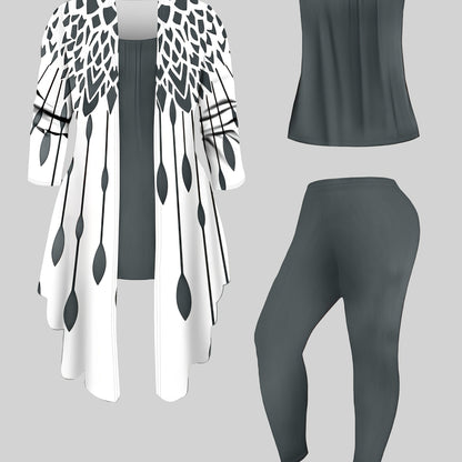 Plus Size Leopard Cardigan, Tank Top & Pants Set - Stretchy & Stylish